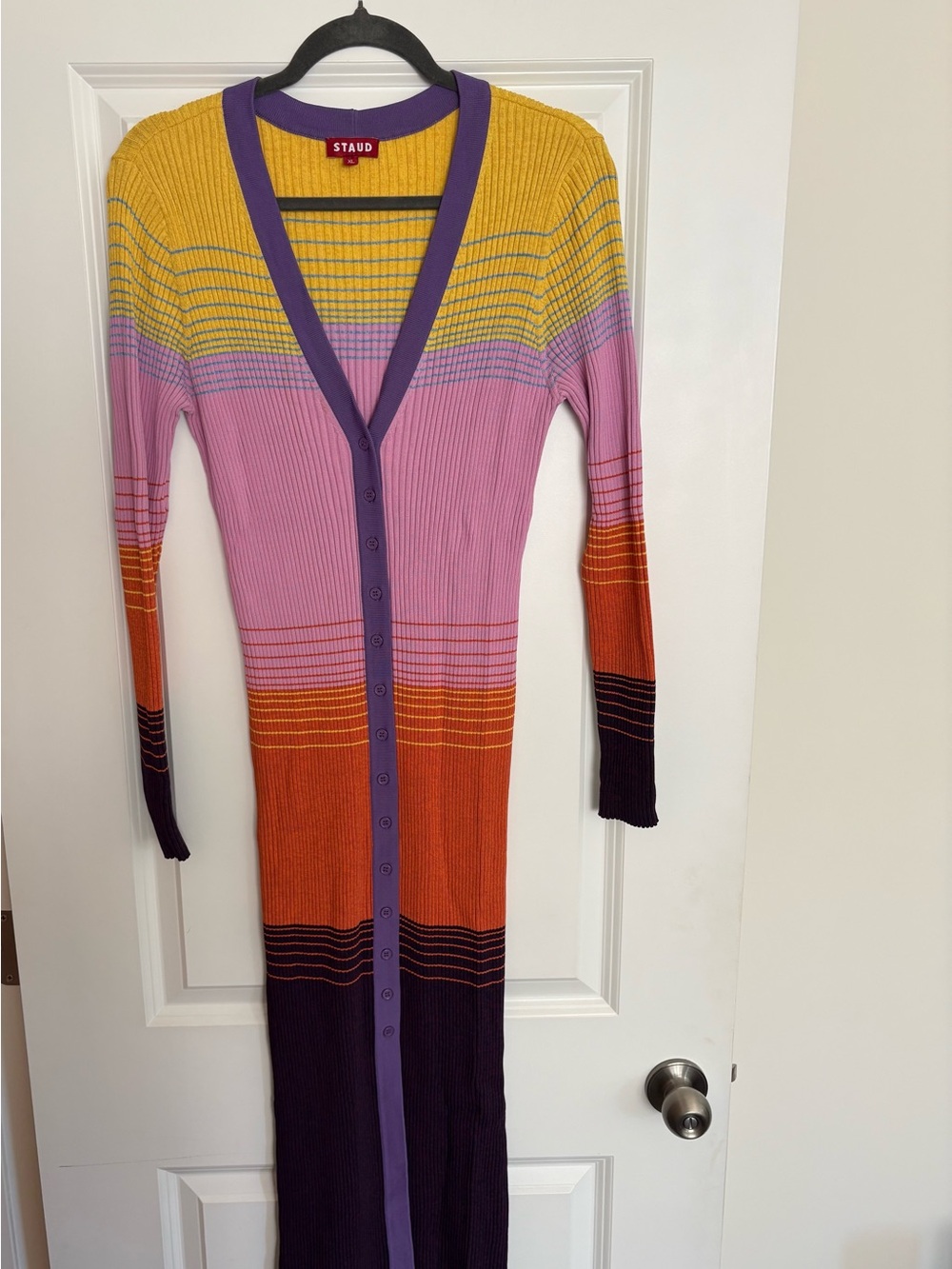 STAUD Long-Sleeve Ribbed Colorblock Maxi Dress in Yellow, Pink, Orange & Purple